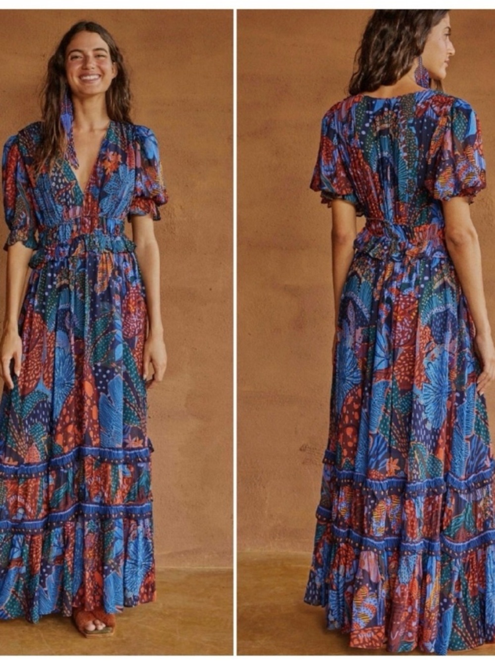 Farm Rio Blue Cool ruffle maxi dress Maxidress NWT XS